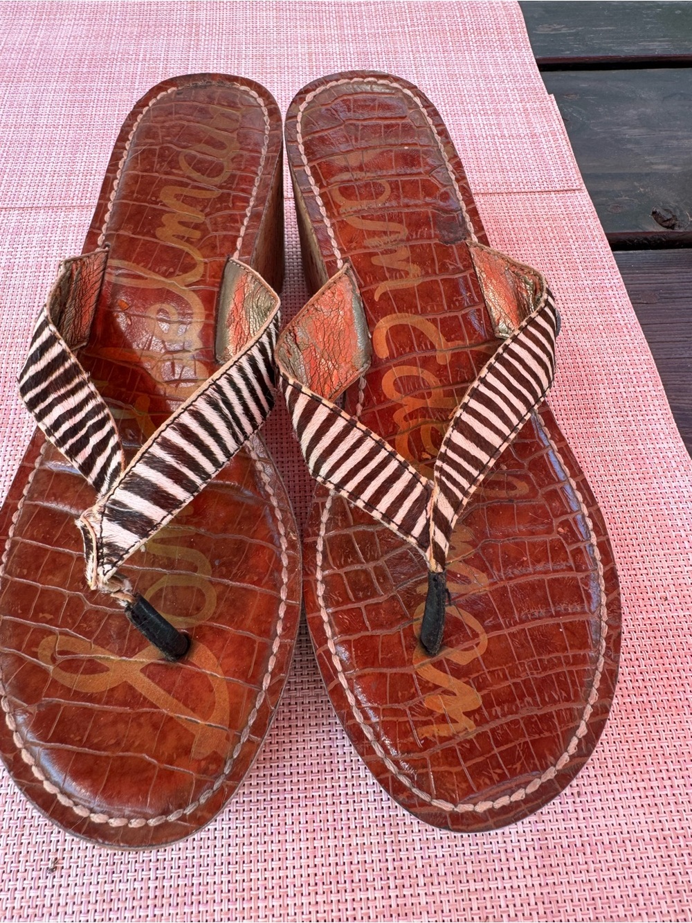 Sam Edelman Wedge Sandals Brown Leather with Zebra Stripe Strap Size 8.5